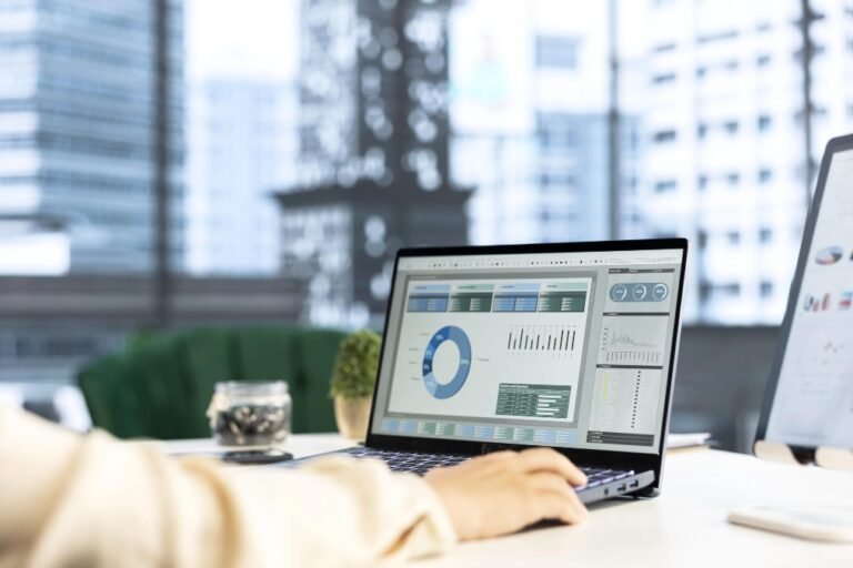 Accounting automation and FinTech accounting solutions dashboard in a modern financial office