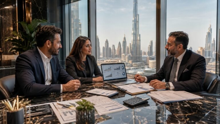 Professional accounting advisory meeting with financial reports and Dubai skyline